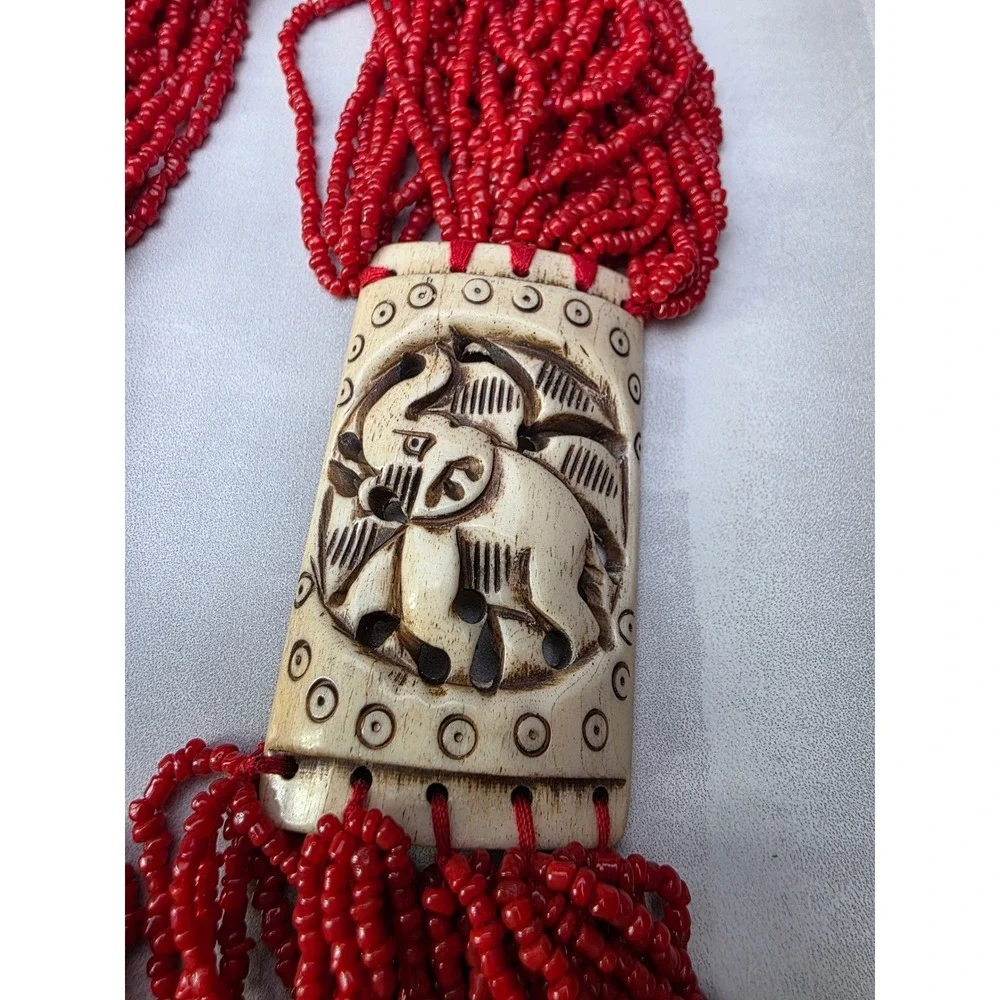 Vintage‎ Red Multi Strand Seed Bead Elephant Carved Statement Necklace Boho